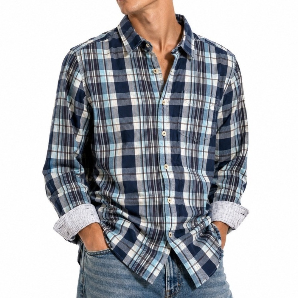 Tommy Bahama Shirt Men Large Blue Plaid Preppy Coastal Cotton Resortwear Outdoor